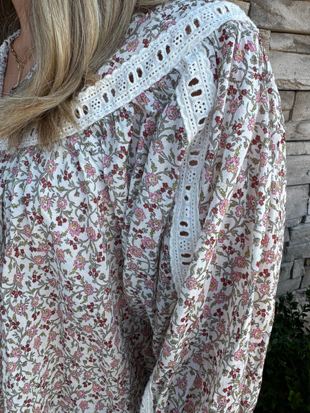 Meadow Bloom Lace Trim Blouse