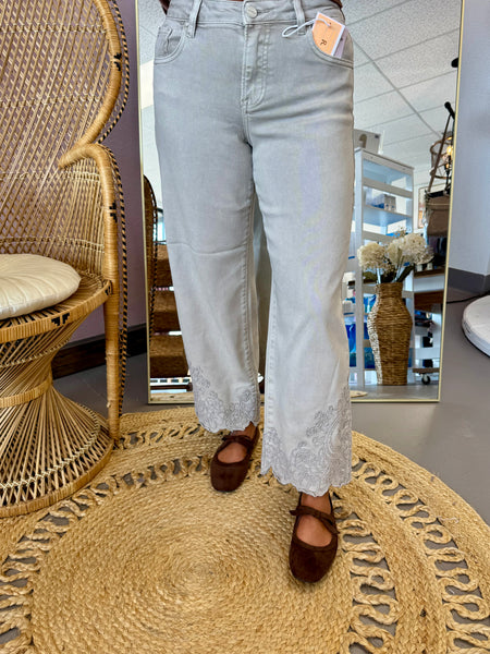 Risen Della High Rise Cropped Barrel Jeans with Embroidered Hem Cream