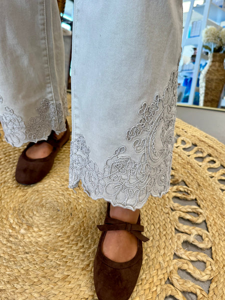 Risen Della High Rise Cropped Barrel Jeans with Embroidered Hem Cream