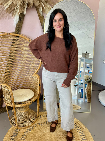 Risen Della High Rise Cropped Barrel Jeans with Embroidered Hem Cream