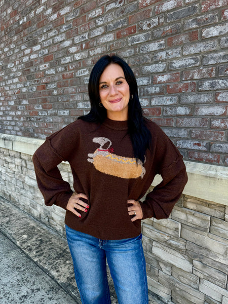 Dachshund Hot Dog Graphic Knit Sweater