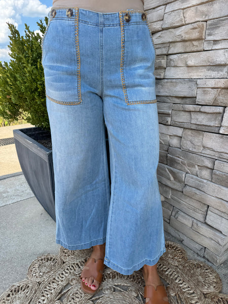 Whipstitch Pocket High Rise Cropped Straight Leg Jeans