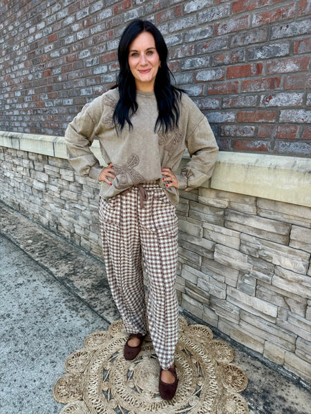 Soft Brushed Check Barrel Fit Utility Knit Pants Mocha