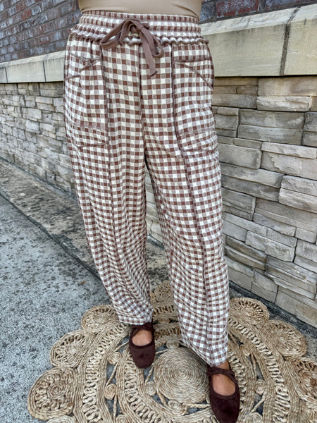 Soft Brushed Check Barrel Fit Utility Knit Pants Mocha