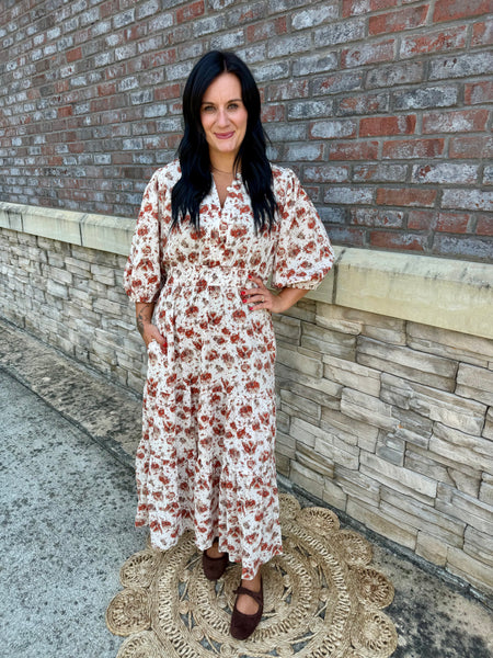 Cream & Rust Floral 3/4 Sleeve Midi Dress with Pockets