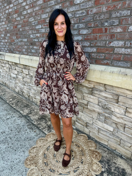 Brown Paisley Long Sleeve Smocked Waist Mini Dress with Pockets
