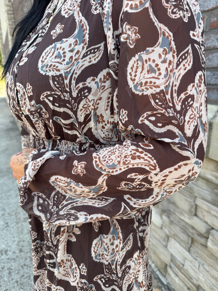 Brown Paisley Long Sleeve Smocked Waist Mini Dress with Pockets