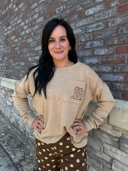 Mineral washed Western boot sweatshirt with crochet lace details and embroidered boot pocket