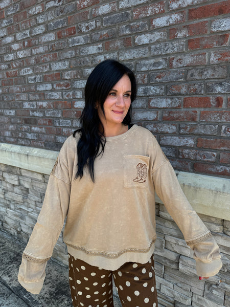Mineral Washed Western Boot Crochet Lace Sweatshirt