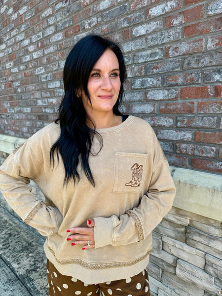Mineral Washed Western Boot Crochet Lace Sweatshirt