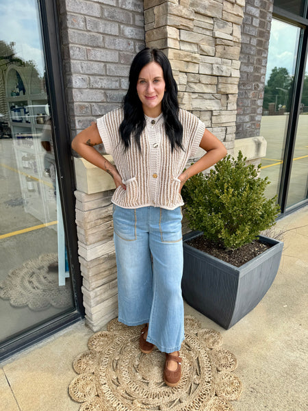 taupe contrast stripe cardigan top with gold buttons 