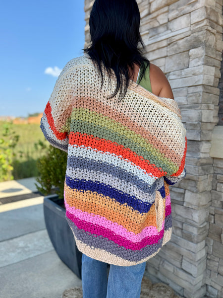 Multicolor Oversized Chunky Crochet Stripe Cardigan