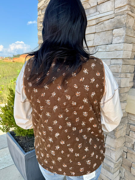 Ditsy Floral Quilted Mock Neck Vest Brown