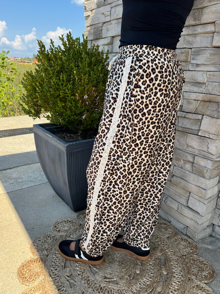 Wild Muse Leopard Print Lace Trim Pants