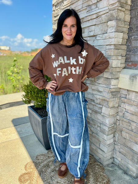 Lace Trim Chambray Balloon Leg Pants