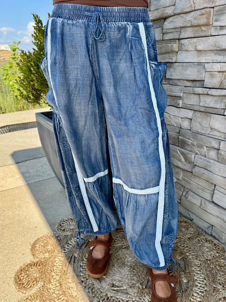 Lace Trim Chambray Balloon Leg Pants