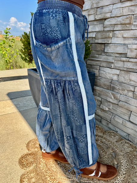 Lace Trim Chambray Balloon Leg Pants