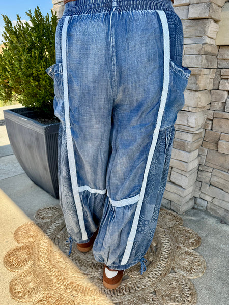 Lace Trim Chambray Balloon Leg Pants