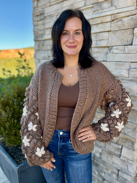 Brown Floral Chunky Knit Cardigan