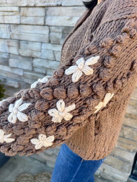Brown Floral Chunky Knit Cardigan
