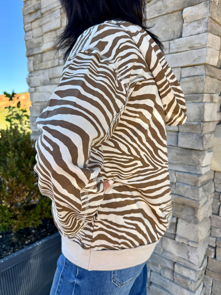 Zebra Print V-Neck Hoodie Top