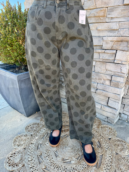 Spotted in Style Pants Olive Polka Dot Barrel Leg Denim