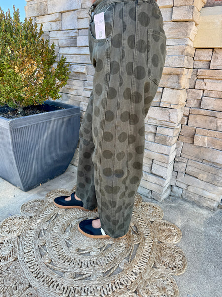 Spotted in Style Pants Olive Polka Dot Barrel Leg Denim
