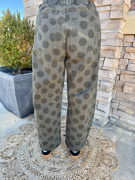 Spotted in Style Pants Olive Polka Dot Barrel Leg Denim