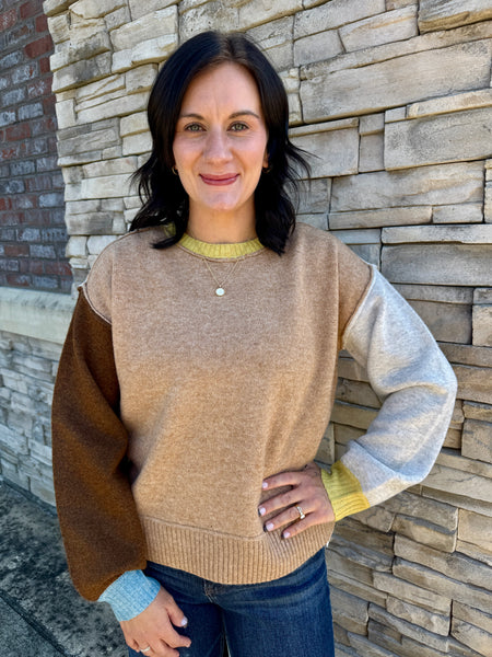 Women's camel colorblock sweater with brown, oatmeal, blue and mustard accents
