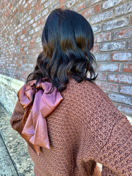 Chocolate brown textured sweater with oversized satin bow tie back