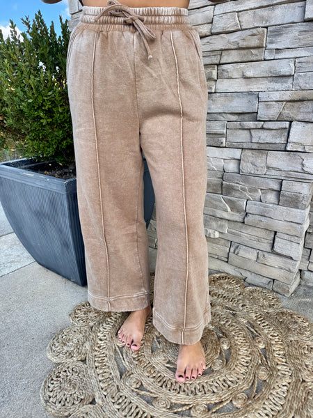 Cozy Girl Acid Wash Wide Leg Pants Camel