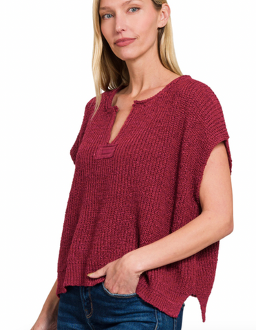 Split Neck Pullover Sweater Top