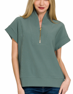 Ribbed Half Zip Top Jade Green