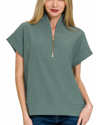 Ribbed Half Zip Top Jade Green
