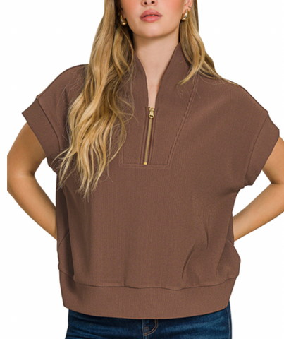 RIbbed Half Zip Brown Top
