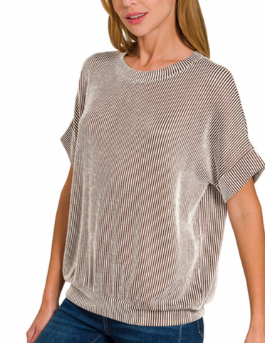 Ribbed Short Sleeve Top Brown