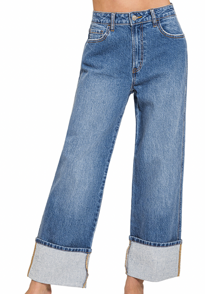 Wide Leg Cuffed Jeans