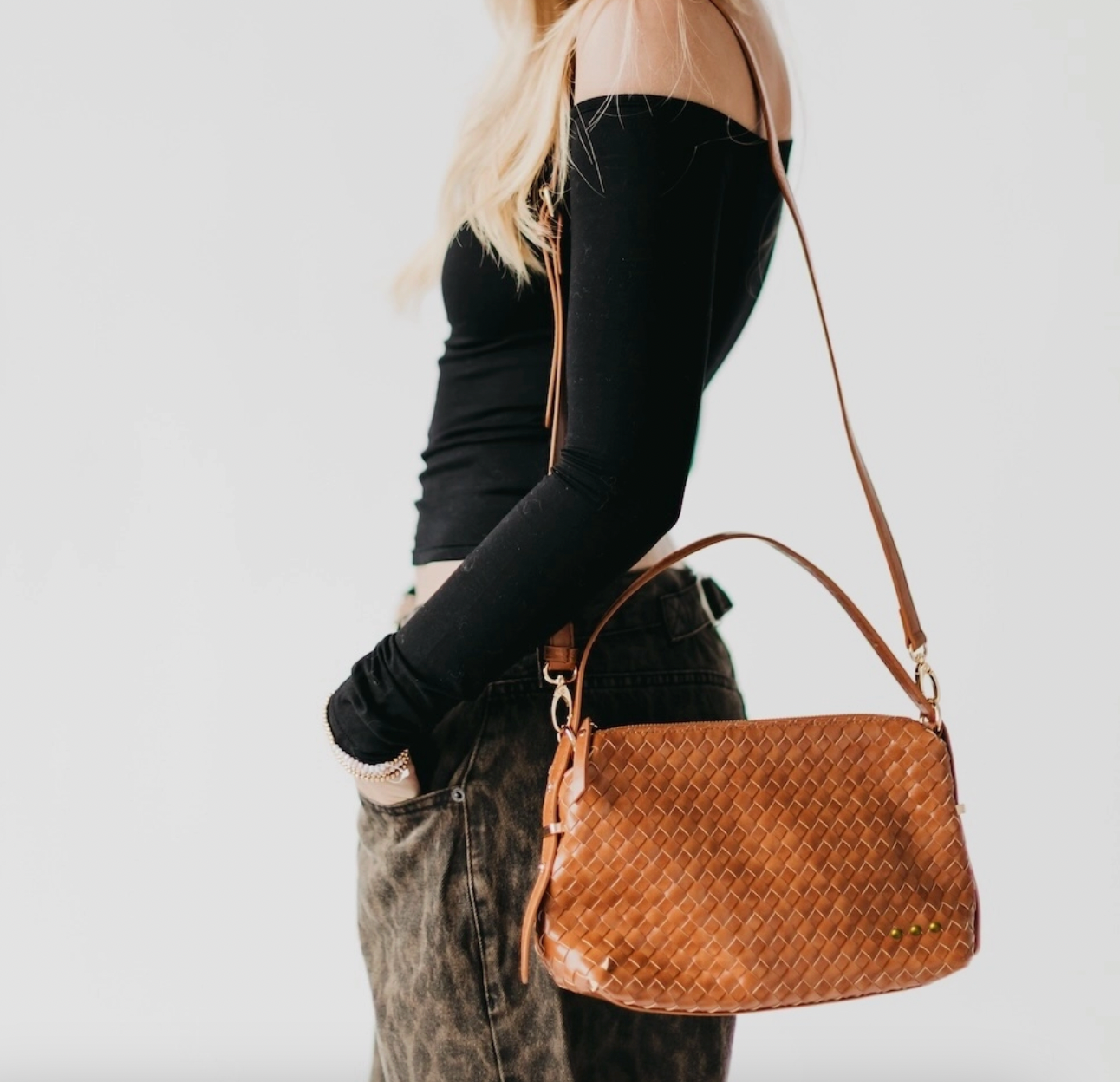 Harper Woven Shoulder Bag Brown