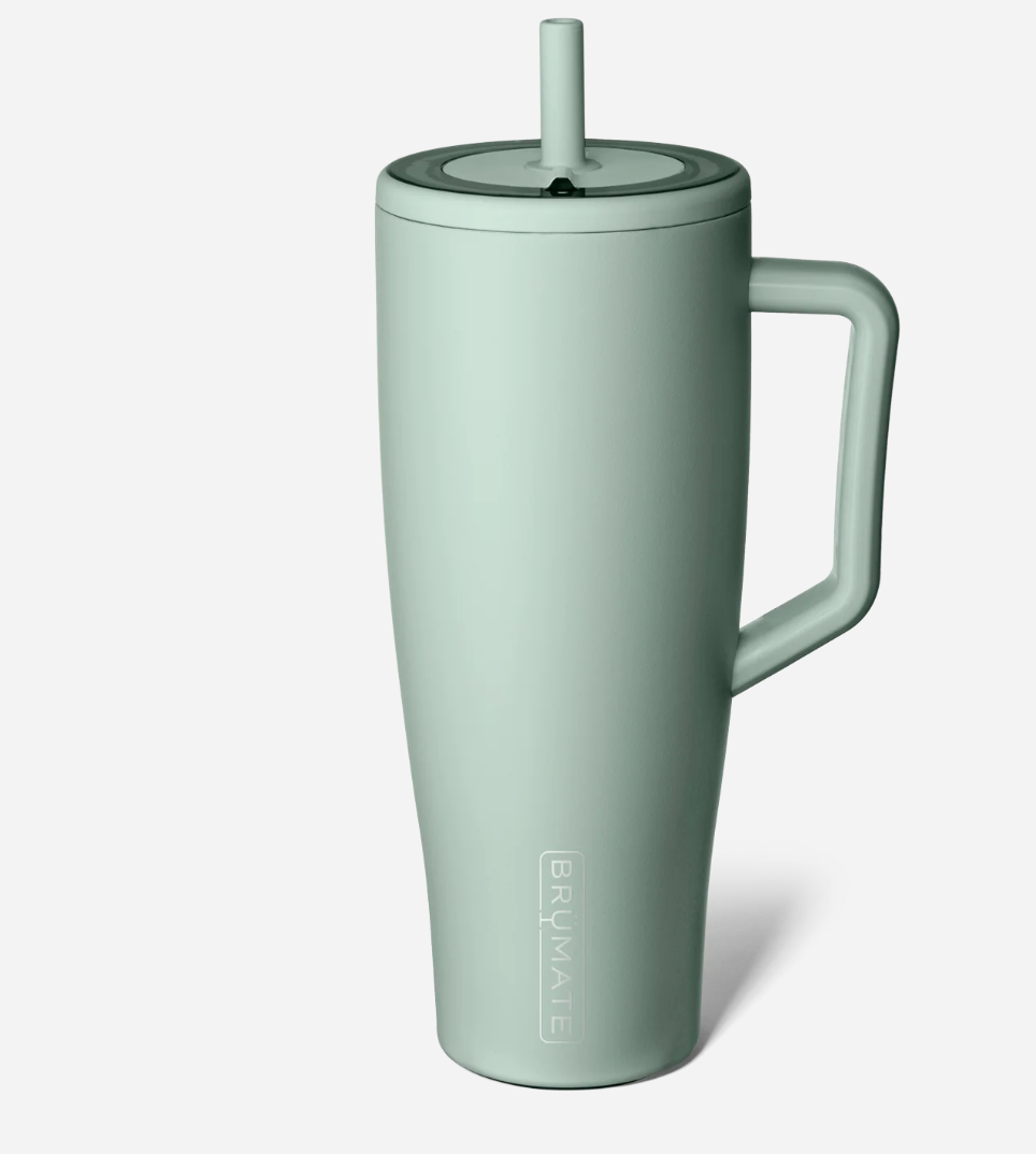 sage green mug with handle and straw lid on a white background