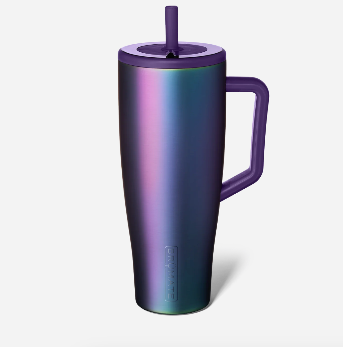 Purple insulated mug with a handle and straw lid on a white background