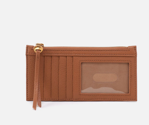 Brown leather wallet with a clear card holder