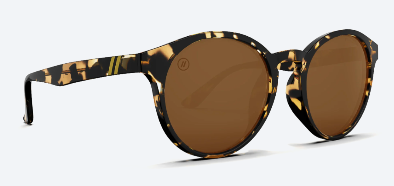Sunglasses with tortoiseshell frame and brown lenses on a white background