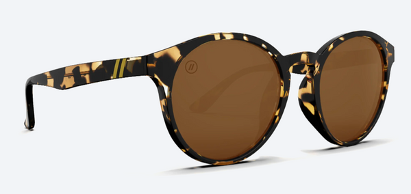 Sunglasses with tortoiseshell frame and brown lenses on a white background