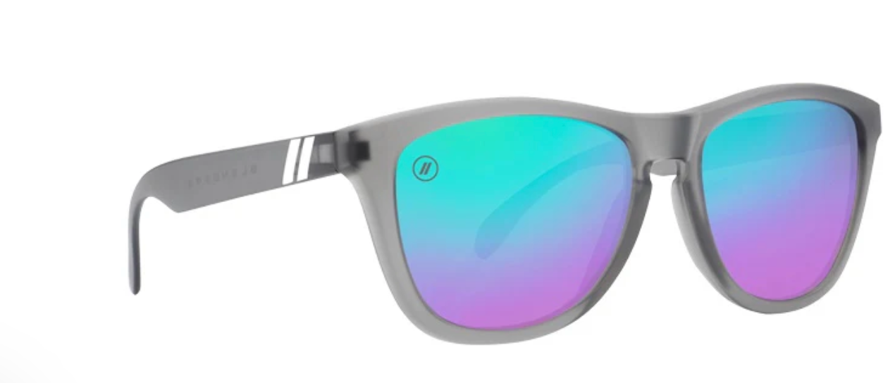 Sunglasses with gray frame and multicolored lenses on a white background