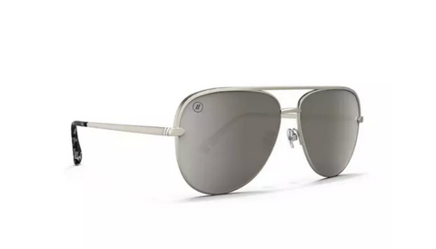 Silver aviator sunglasses with reflective lenses on a white background