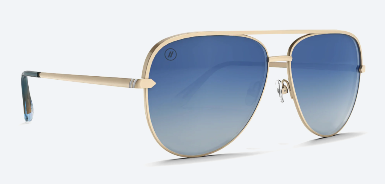 Gold-framed sunglasses with blue gradient lenses on a white background