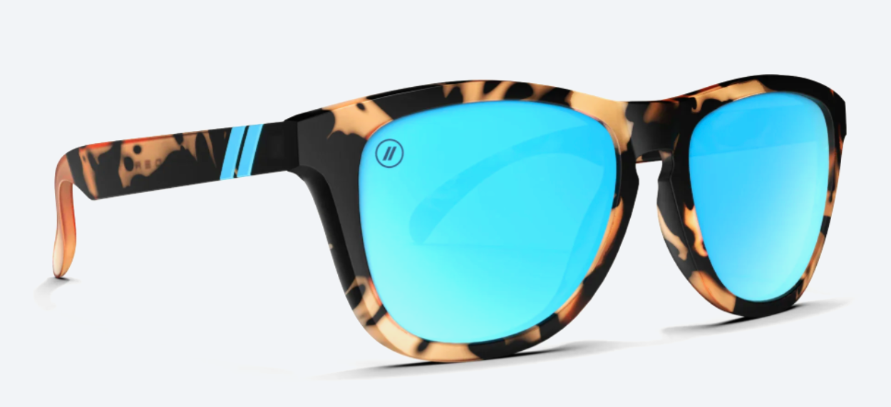 Sunglasses with tortoiseshell frame and blue lenses on a white background