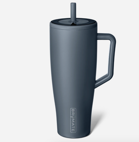nightfall blue insulated mug with handle and straw lid on a light gray background