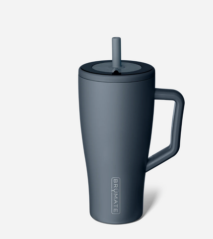 nightfall blue mug with handle and straw lid on a light gray background