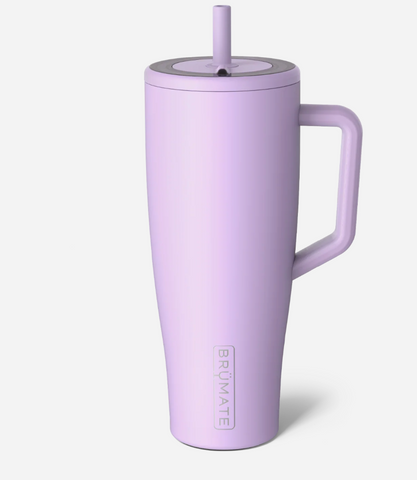 Purple insulated mug with handle and straw lid on a white background